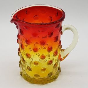 Mini Amberina Vintage Hand Blown Hobnail Glass Pitcher or Vase w/Applied Handle